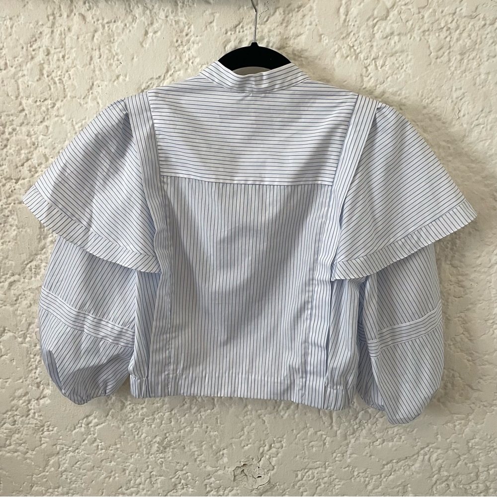 Sandro Yzeure Blue + White Cotton Striped Ruffled Cropped Shirt Size 4, Preppy - Picture 5 of 14